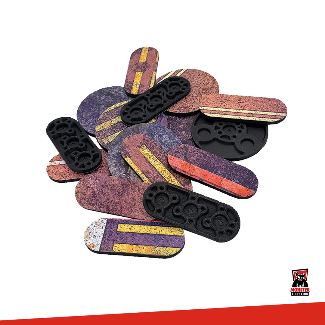 A set of miniature base pieces for tabletop wargaming, including 12 oval tiles and 8 circular tiles with a textured-looking, weathered design in brown, purple, and yellow stripes. 
